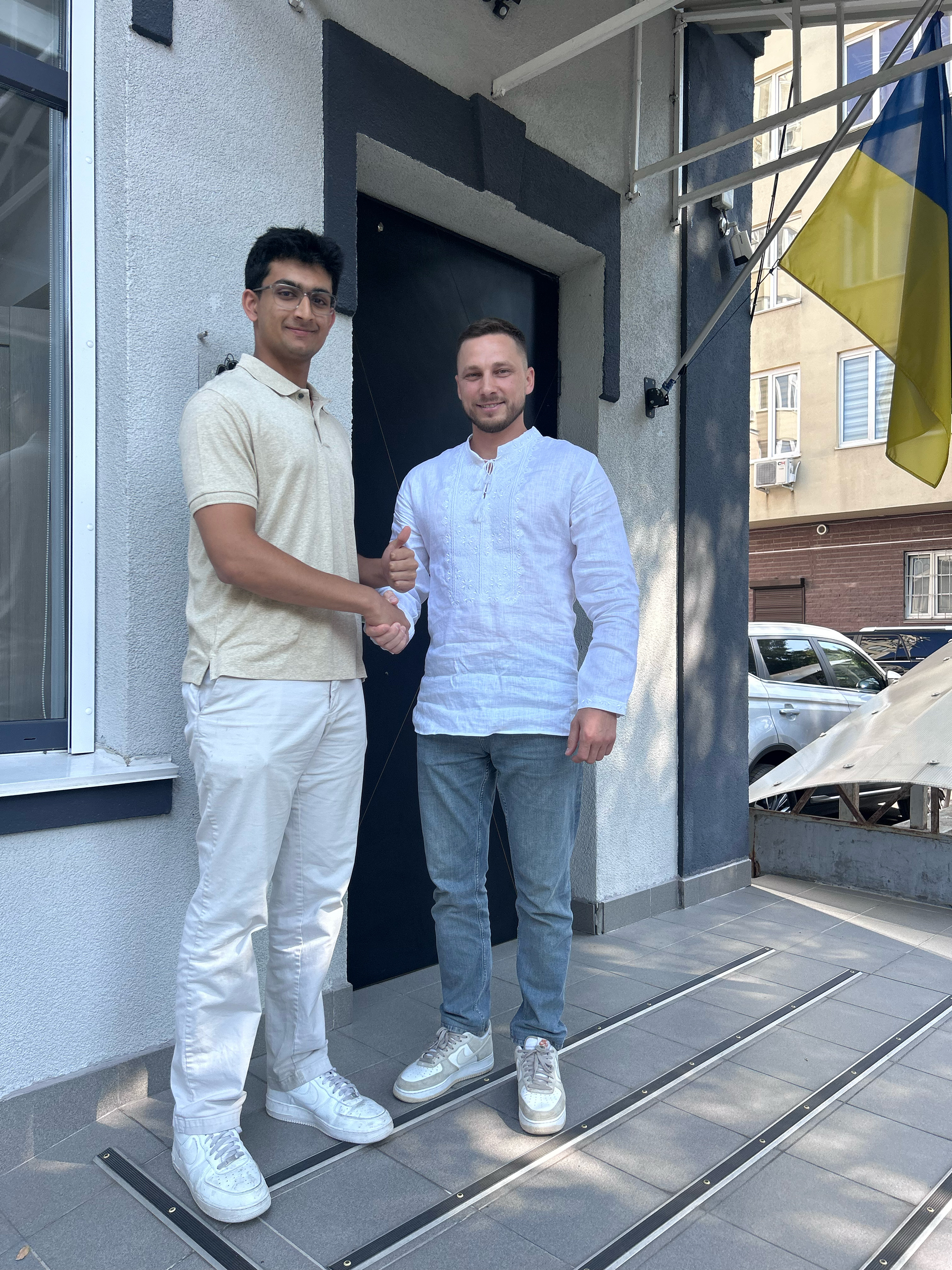 Hoover student fellow Ahvish Roy is seen with a Ukrainian Air Force helicopter pilot, identified only as “Yan,” in Kyiv in September 2025. (Ahvish Roy)