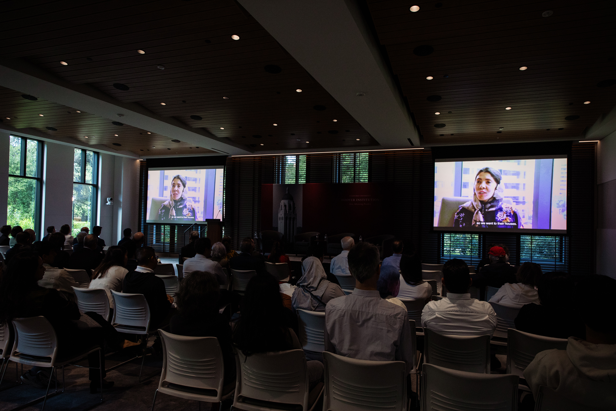 An excerpt from the Hoover Afghanistan Research & Relief Team’s new oral histories project is shown in Hoover’s Shultz Auditorium on April 9, 2026. (Patrick Beaudouin)