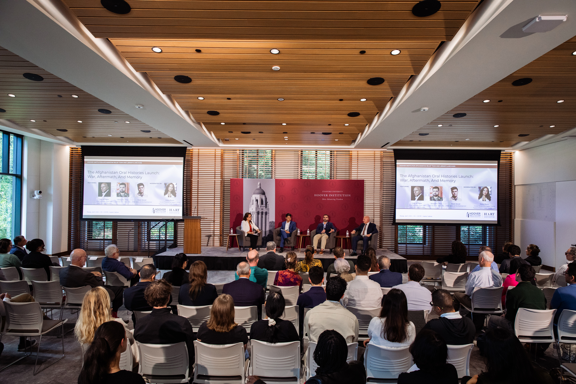 A panel speaking about the war in Afghanistan and Hoover’s new oral histories project is seen in Shultz Auditorium on April 9, 2026. (Patrick Beaudouin)