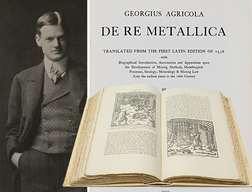 Collage of a photo of Herbert Hoover, the title page of De Re Metallica, and an open spread from the same book