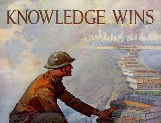 Knowledge Wins soldier climbing a stack of books