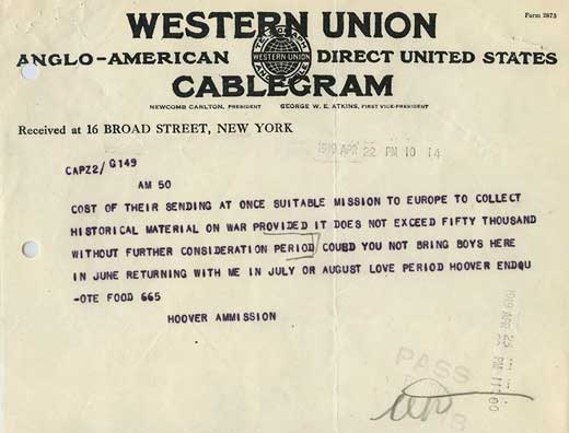Wester Union cablegram from Herbert Hoover to his wife