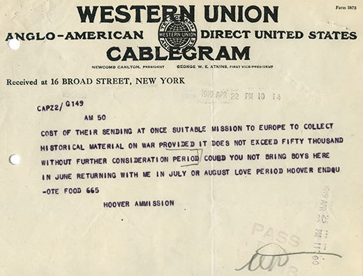 Founding telegrams of the Hoover Institution