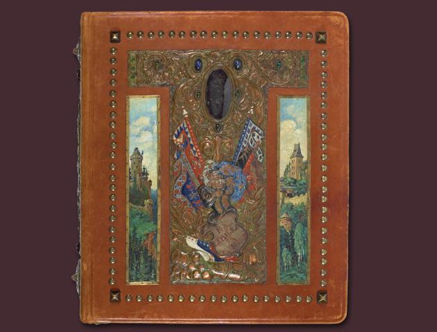 Album cover with painting and metalwork on a purple background, R. Gajda photographic album
