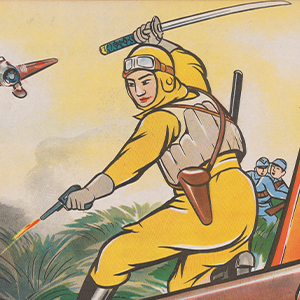 Kamishibai image of Japanese pilot in yellow jumpsuit