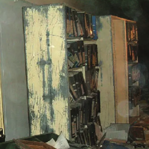 Bookshelves in disarray - Ba‘th Party in the basement of the party’s Regional Command Center in Baghdad