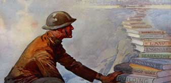Knowledge Wins soldier climbing a stack of books