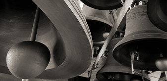 Close-up photograph of the carillon bells from below