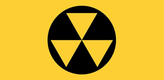 Three yellow triangles inside a black circle, all on a background of yellow - symbol used for fallout shelter