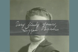 Photograph of Lizzie Bach with polarized section of her handwriting across her face all on a teal background