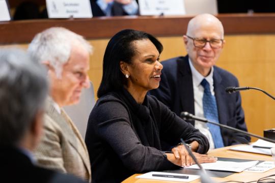 Condoleezza Rice speaking at a roundtable discussion on the Future of International Research Collaboration