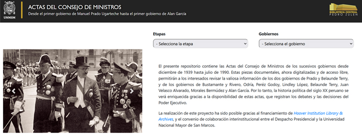 Screenshot of the homepage of the Actas del Consejo de Ministros website