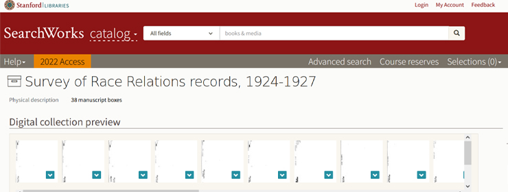 Screenshot of the Survey of Race Relations records in Searchworks