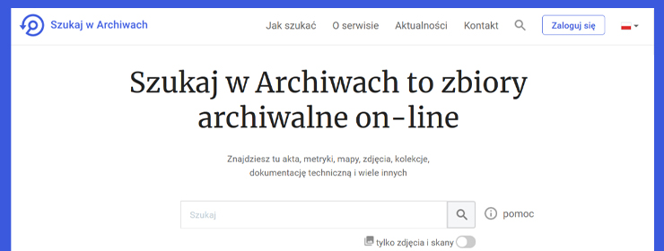 Screenshot of the homepage of the Szukaj w Archiwach website