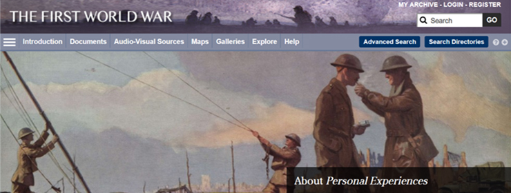 Screenshot of the homepage of the First World War Portal website