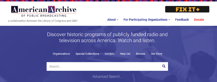 Screenshot of the homepage of the American Archive of Public Broadcasting