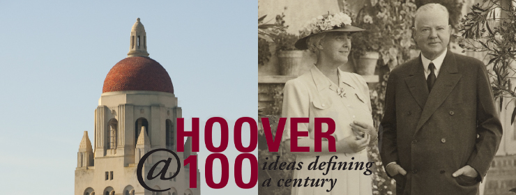 Photo-montage of Hoover tower, Mr. & Mrs. Hoover, and the title of Hoover@100