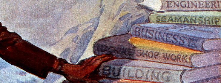 color poster detail showing books stacked
