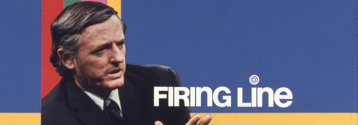 Color promotional image of William F. Buckley Jr. with white text which reads Firing Line