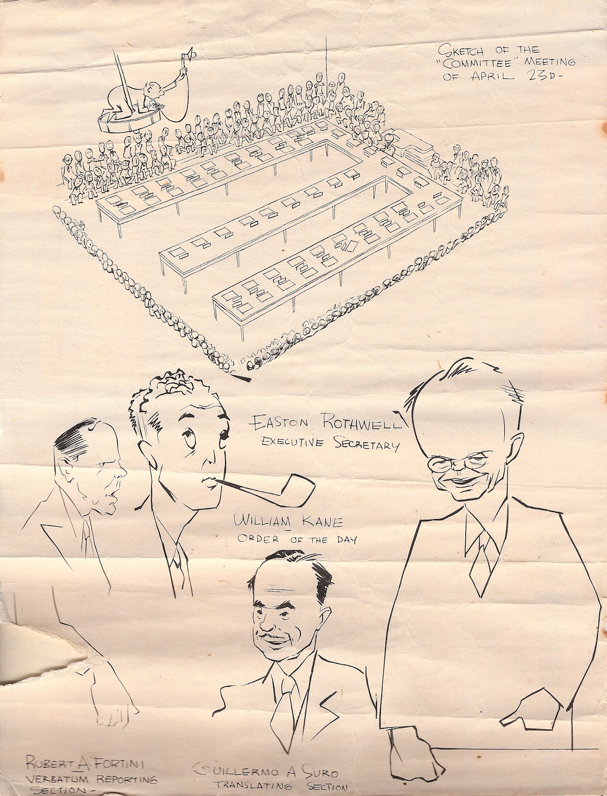Satirical drawing of the members of the secretariat of the conference; C. Easton Rothwell on the right (Andrew Roy De Metriff Papers, Hoover Institution Archives)