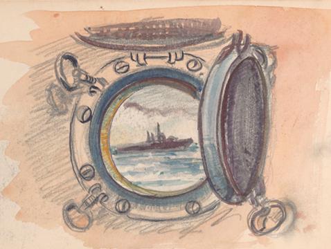 Watercolor of porthole through which a battleship is seen