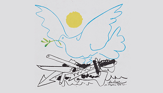 Picasso illustration of a peace dove carrying weapons