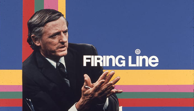 Color graphic featuring blue background with red, green, pink, and yellow vertical and horizontal stripes overlaid with a photograph of William F. Buckley Jr and the words Firing Line