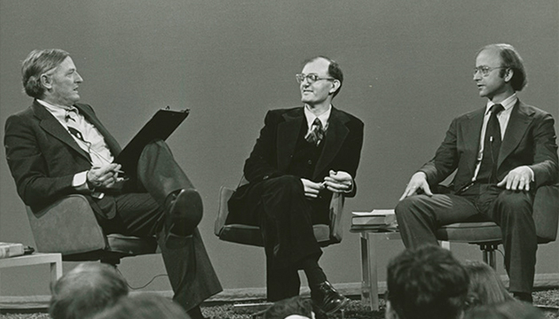 black and white photograph of William F. Buckley Jr., Allen Weinstein, and Athan G. Theoharis, March 21, 1978
