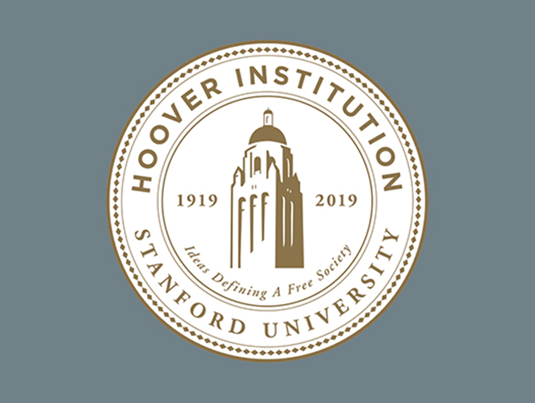 Gold on white centennial seal of the Hoover Institution on a blue gray field