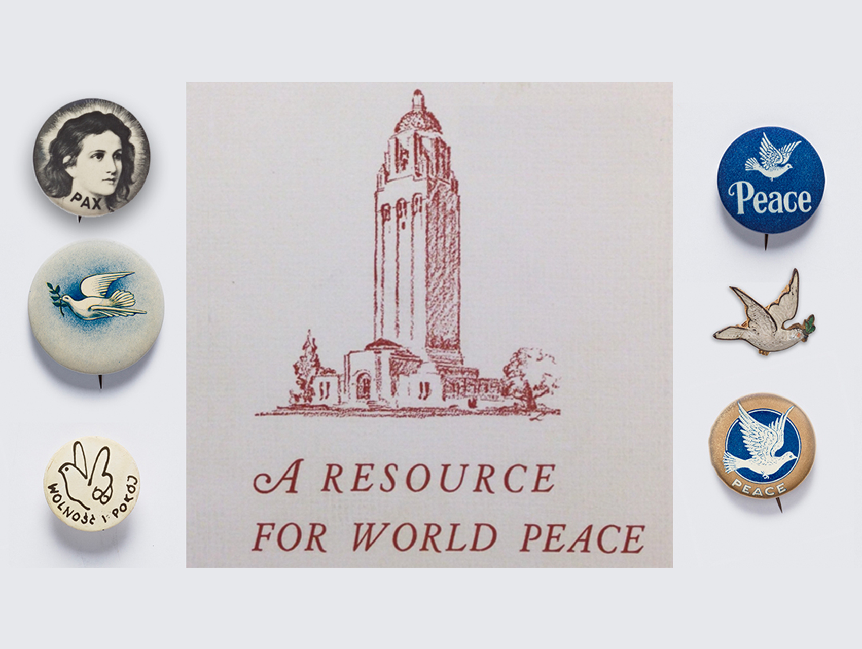 Peace pins and Hoover Tower graphic