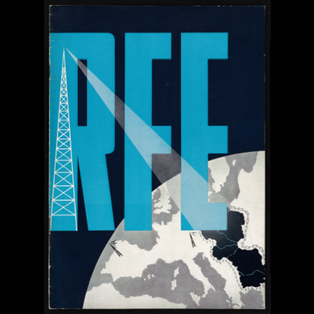 Cover of a booklet produced by Radion Free Europe and showing large RFE letters in blue with a white radio tower over the left side of the R, and broadcasting to eastern europe