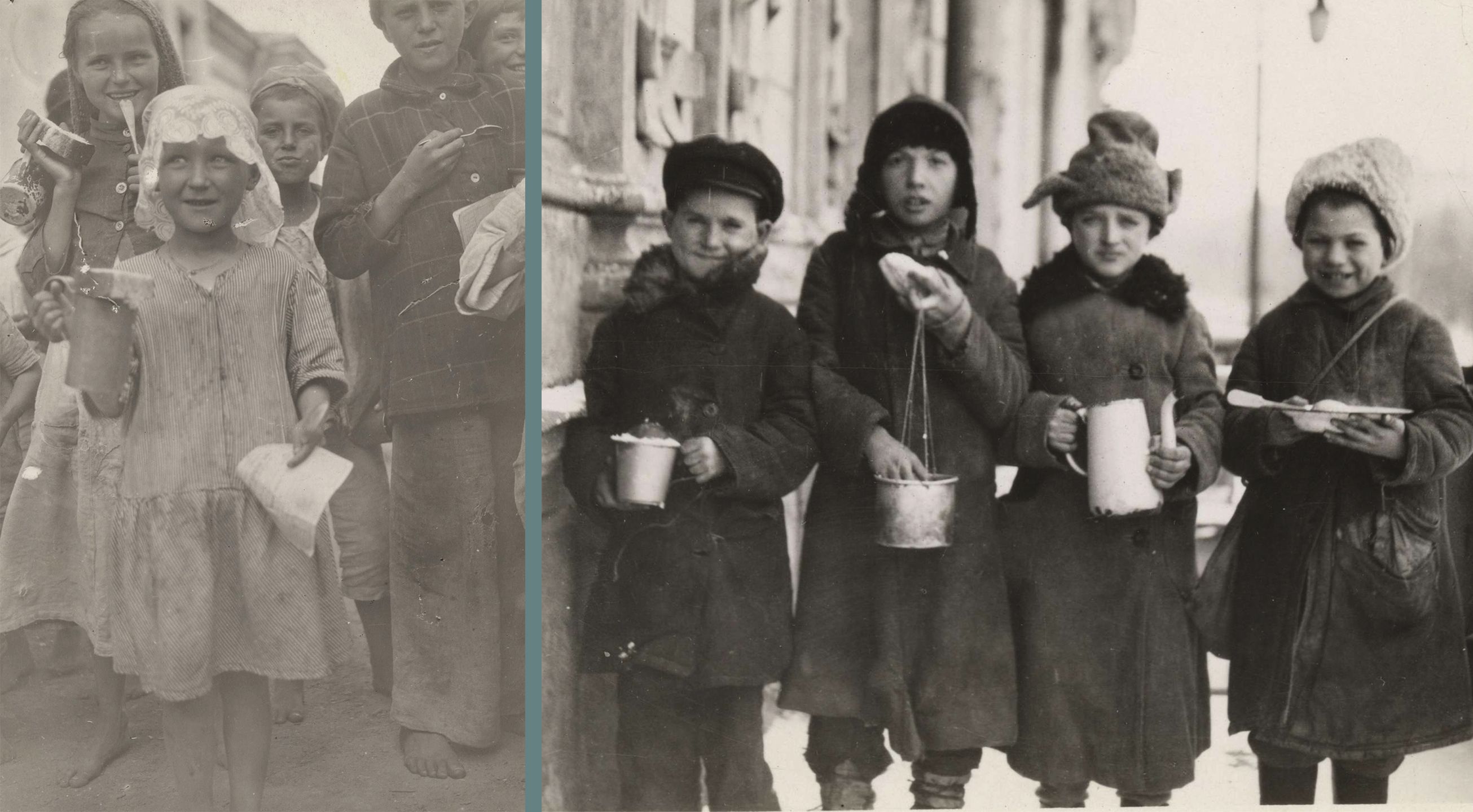 Two black and white photographs next to each other. At left a young girl smiles and holds her rations cup and rations card while other children stand behind her. At right, there are four boys wearing winter clothing and holding their rations cups and bread, and are smiling.