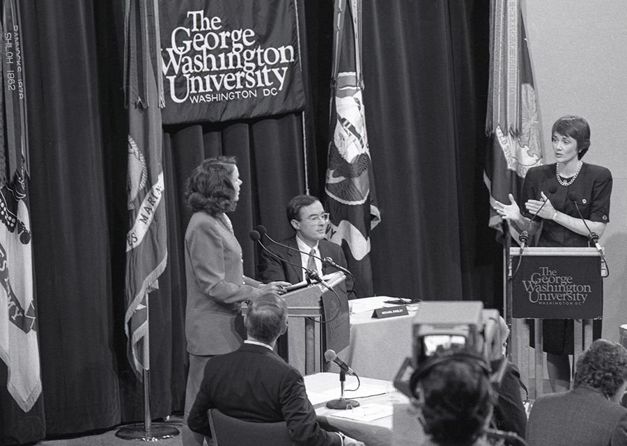 Photograph of Elaine Donnelly, Michael Kinsley, and Heather A. Wilson, March 8, 1993, Program FLS115
