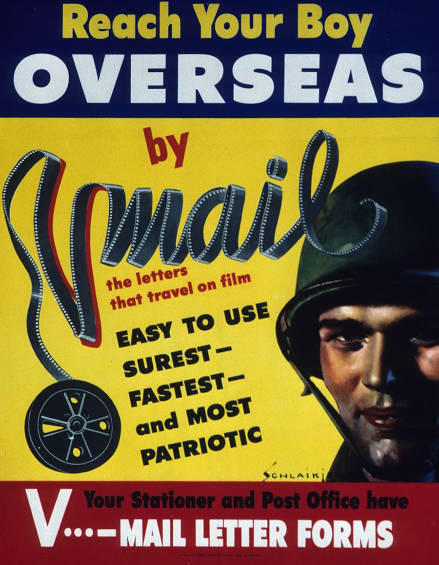 Reach Your Boy Overseas by V-Mail, by Jes Wilhelm Schlaikjer, issued by the United States Army Recruiting Publicity Bureau, 1942. Poster Collection, US 7304, Hoover Institution Archives