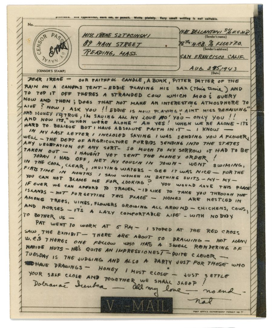 Victory Mail from Natale Bellantoni to Irene Sztucinski, August 25, 1943.