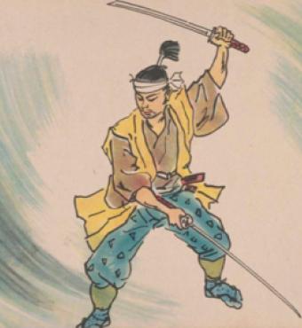 kamishibai card illustration showing a samurai weilding two swords.