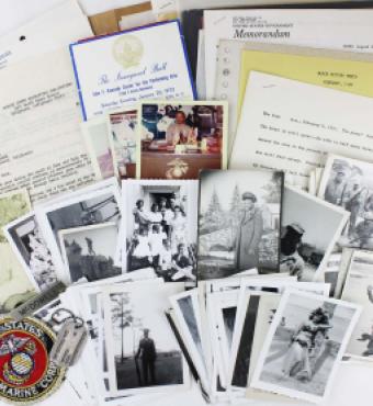 Collage of photos papers ephemera of Leo McDowell collection