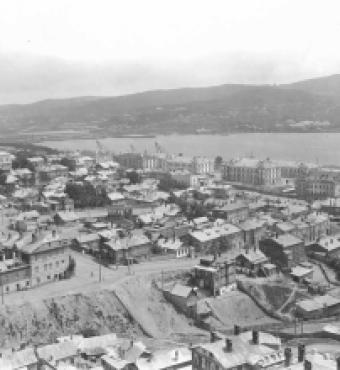 Black and white aerial photo of Vladivostok city in Russia