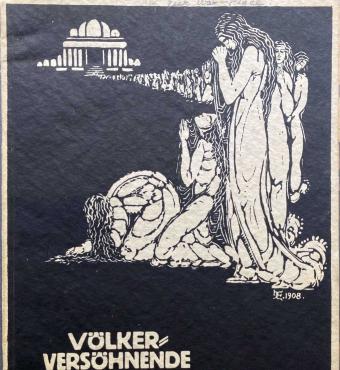 Black book cover with illustrated figures and text in white -Volkerversohnende Frauenarbeit wahrend des Weltkrieges