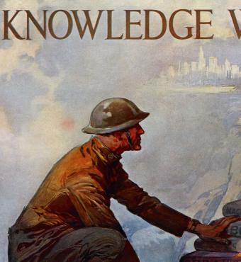 Knowledge Wins soldier climbing a stack of books