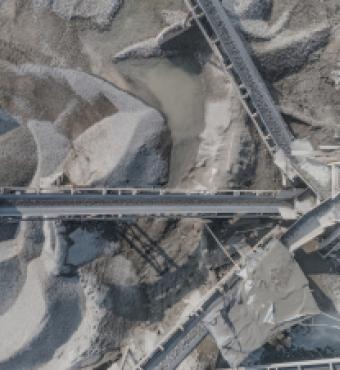 Aerial view of crushed stone quarry machine in a construction material factory stock photo