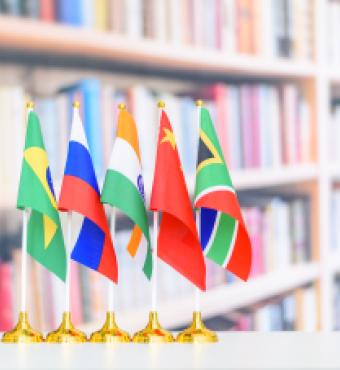 Flags of BRICS or group of five major emerging national economy i.e Brazil, Russia, India, China, South Africa. BRICS members are all leading developing countries.