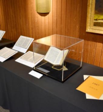 Exhibit of Chiang Ching-kuo diaries on a table with black tablecloth
