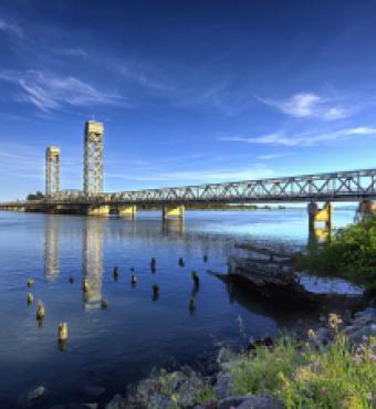A lift bridge in the delta on a sunny day. Rio Vista, California. USA
