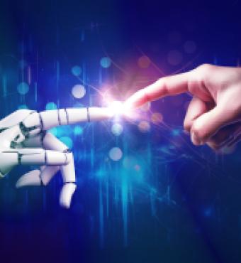 AI, Artificial intelligence, robot and human hands are touching and connecting, unity with human and ai concept, machine learning and futuristic technology background