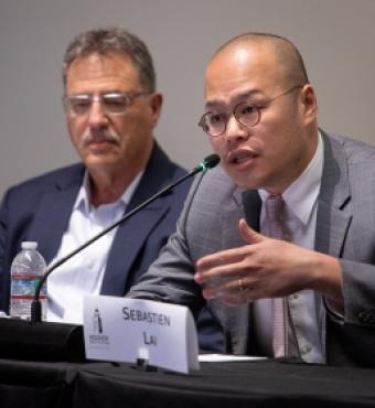 Sebastien Lai, son of imprisoned Hong Kong democracy activist and newspaper publisher Jimmy Lai, speaks at the Hoover Institution on May 14, 2024.