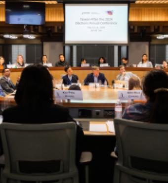 Scholars are seen discussing Taiwan’s future at the Hoover Institution on May 23, 2024. 