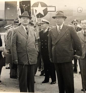 TV Soong greets Herbert Hoover at the Nanking airport, May 1946