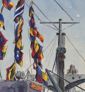 Collage of a watercolor and photographs from the Natale Bellantoni papers 