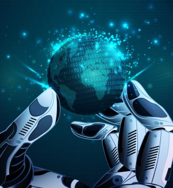 Robotic Hand Holding Virtual Globe stock illustration